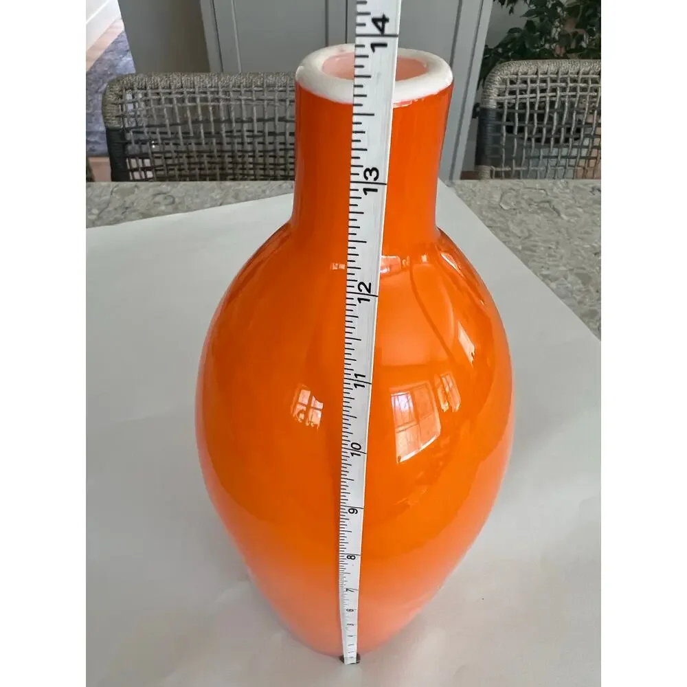 Vintage MCM Hand Blown Orange Cased Glass Large Vase - Italian Empoli Style JL